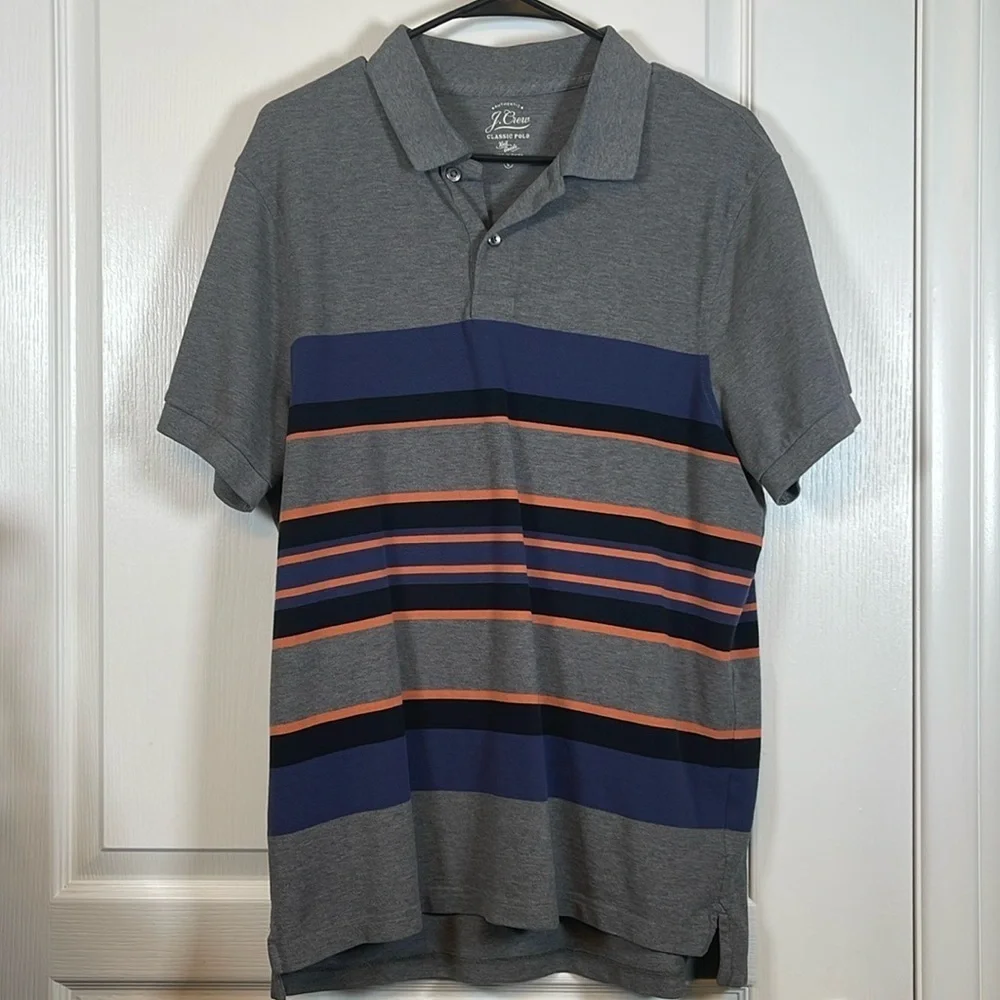 J Crew Gray Stripe Classic Polo Knit Goods Pullover Shirt Size Large EUC #6771